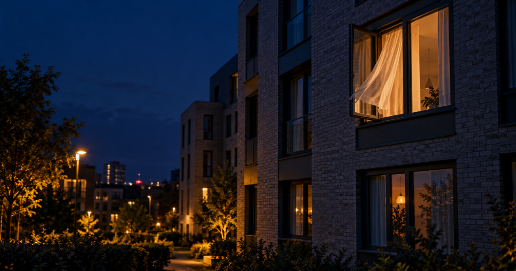 Open apartment window at night with a moving curtain and warm streetlights, illustrating heat, light and noise around sleep.