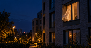 Open apartment window at night with a moving curtain and warm streetlights, illustrating heat, light and noise around sleep.