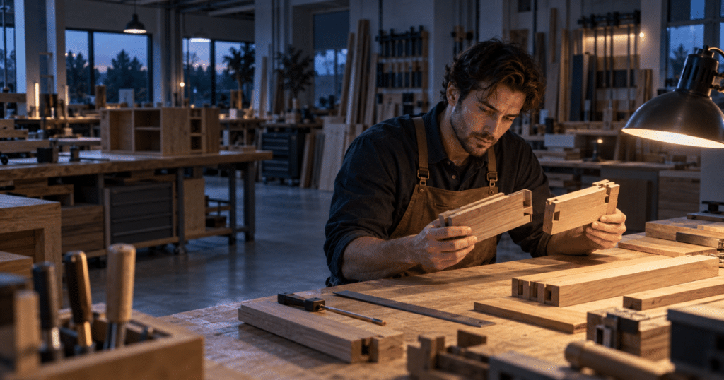 Furniture technician comparing wooden joints at a workshop bench before dawn, illustrating fatigue and error awareness.
