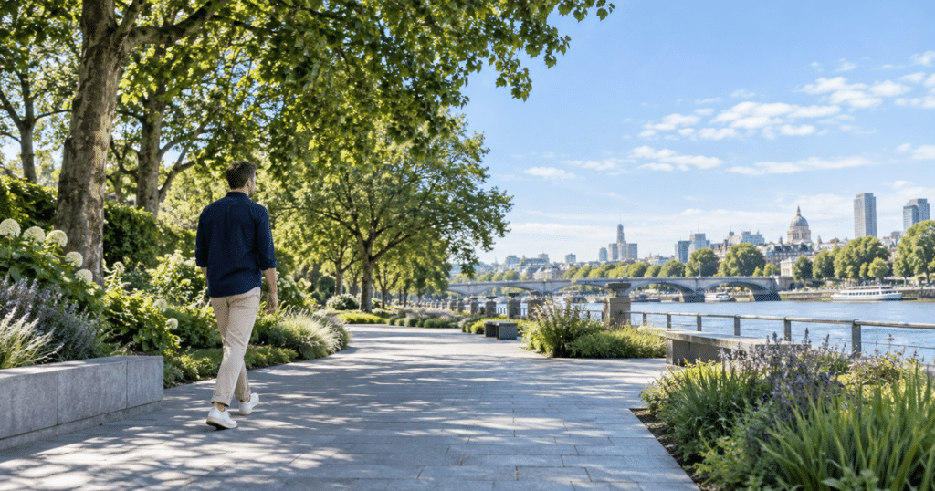 Man walking beside a river in bright daytime, illustrating natural light and regular movement for sleep health.